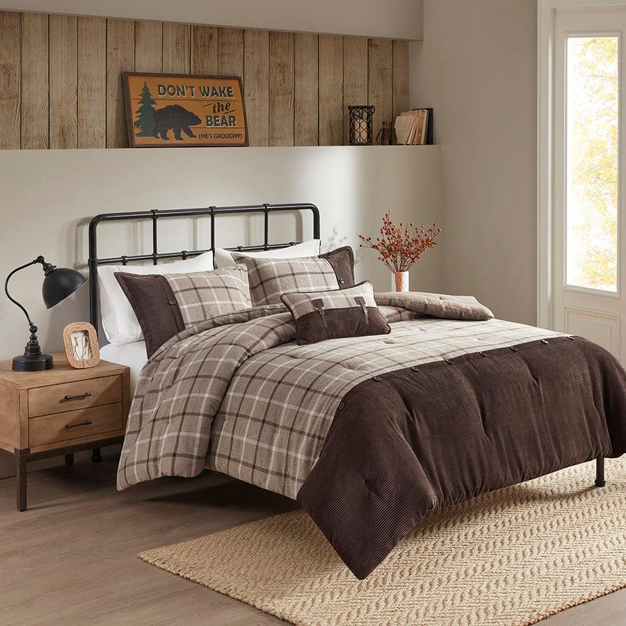 Anaheim King/California King 4 Piece Plaid Lodge & Cabin Comforter Set Tan & Brown Olliix.com