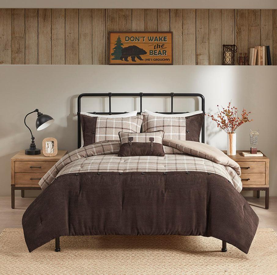 Anaheim King/California King 4 Piece Plaid Lodge & Cabin Comforter Set Tan & Brown Olliix.com