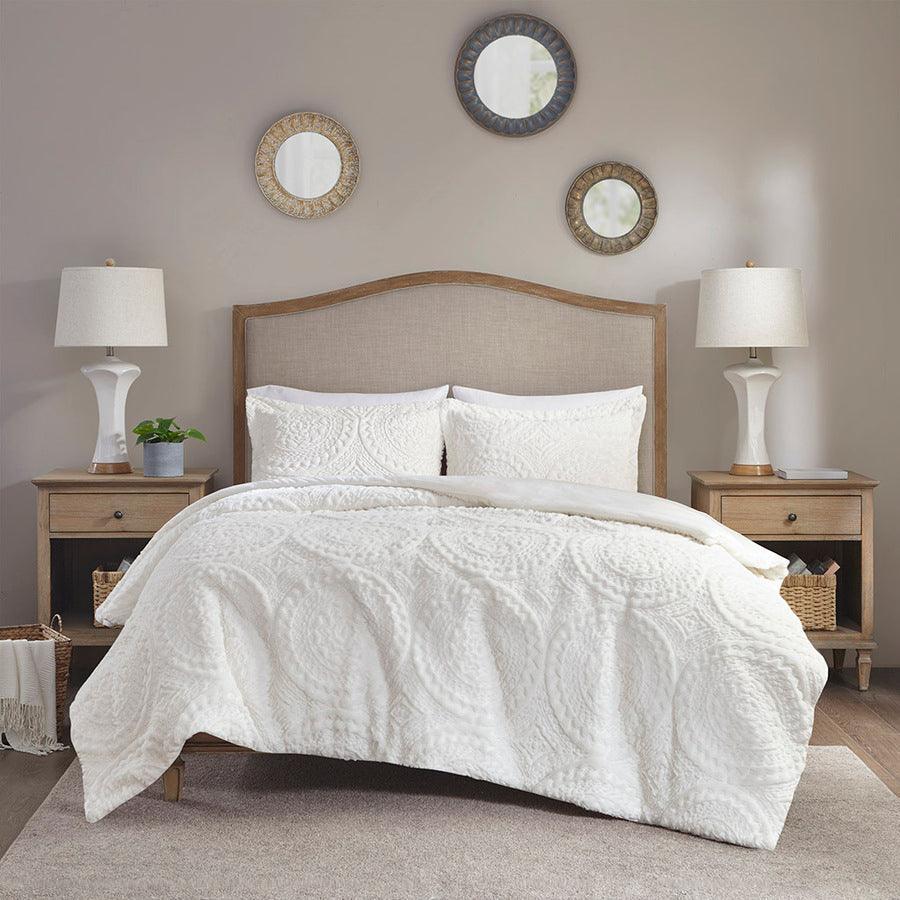 Arya 26 " W Embroidered Medallion Faux Fur Ultra Plush Comforter Mini Set Ivory Full/Queen Olliix.com