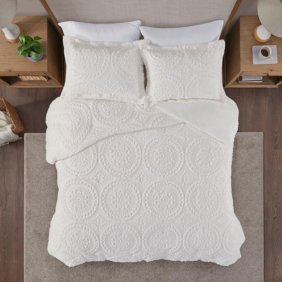 Arya 26 " W Embroidered Medallion Faux Fur Ultra Plush Comforter Mini Set Ivory Full/Queen Olliix.com