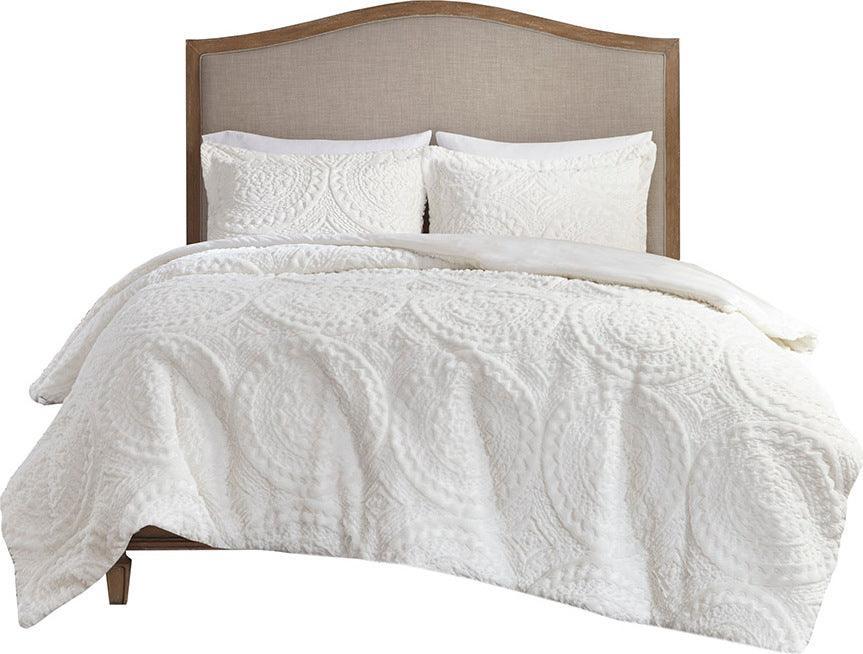 Arya 26 " W Embroidered Medallion Faux Fur Ultra Plush Comforter Mini Set Ivory Full/Queen Olliix.com