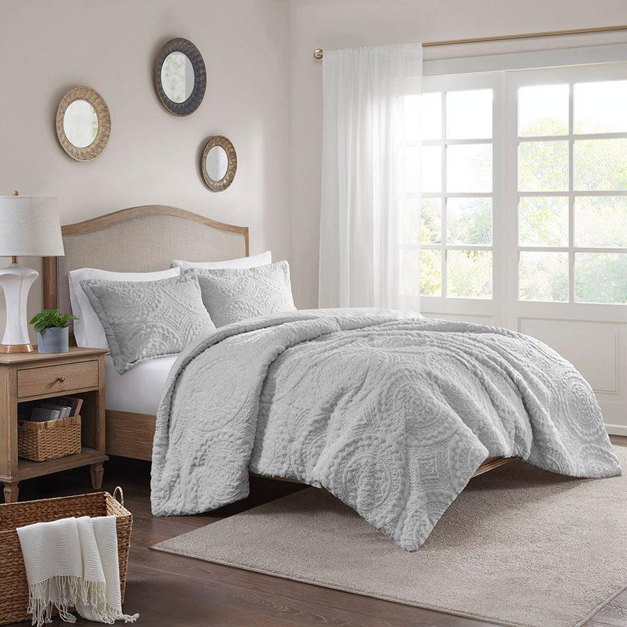 Arya Embroidered 36 " W Medallion Faux Fur Ultra Plush Comforter Mini Set Gray King/Cal King Olliix.com