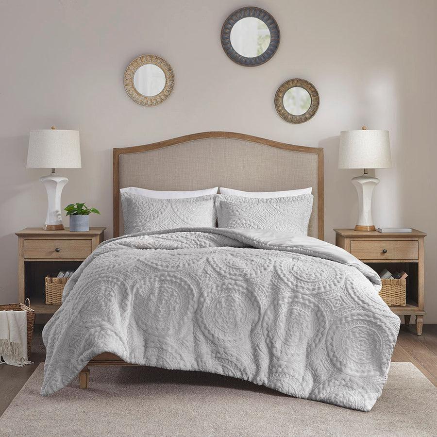 Arya Embroidered 36 " W Medallion Faux Fur Ultra Plush Comforter Mini Set Gray King/Cal King Olliix.com