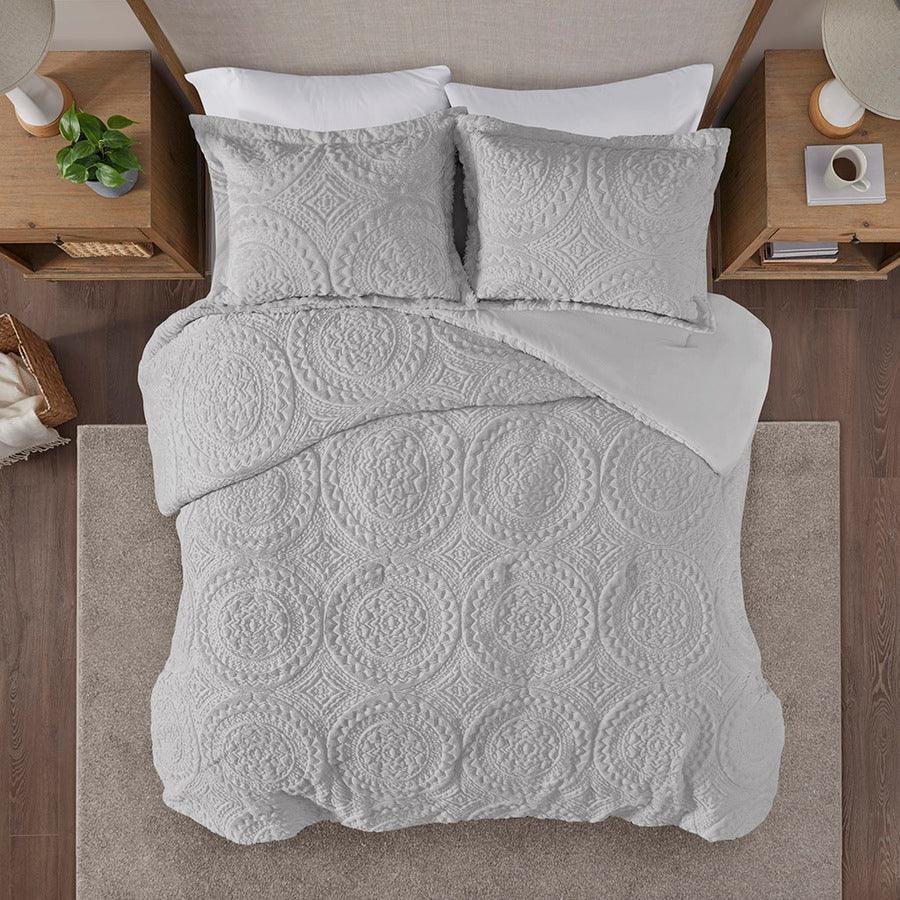 Arya Embroidered 36 " W Medallion Faux Fur Ultra Plush Comforter Mini Set Gray King/Cal King Olliix.com