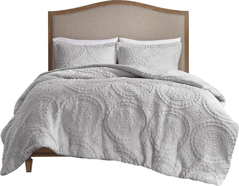 Arya Embroidered 36 " W Medallion Faux Fur Ultra Plush Comforter Mini Set Gray King/Cal King Olliix.com