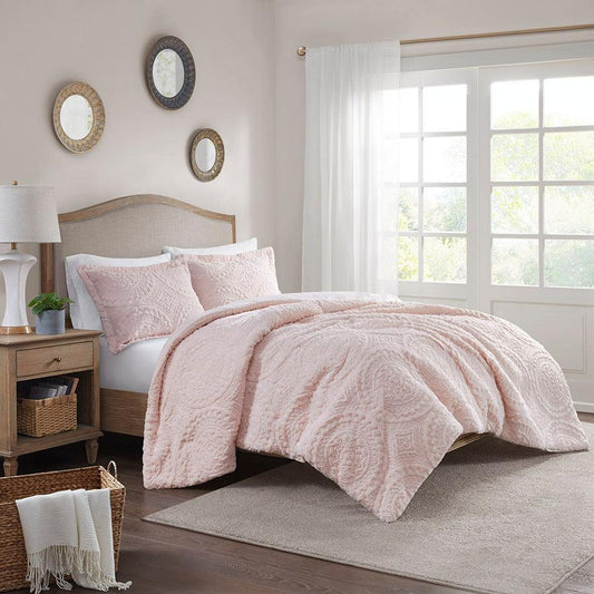 Arya Embroidered Medallion 26 " W Faux Fur Ultra Plush Comforter Mini Set Blush Full/Queen Olliix.com