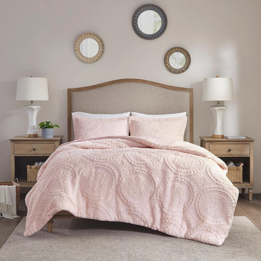 Arya Embroidered Medallion 26 " W Faux Fur Ultra Plush Comforter Mini Set Blush Full/Queen Olliix.com