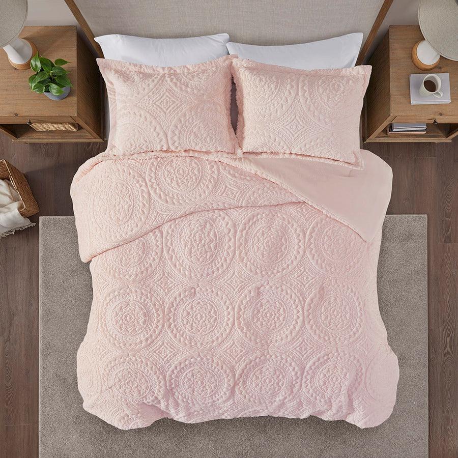 Arya Embroidered Medallion 26 " W Faux Fur Ultra Plush Comforter Mini Set Blush Full/Queen Olliix.com