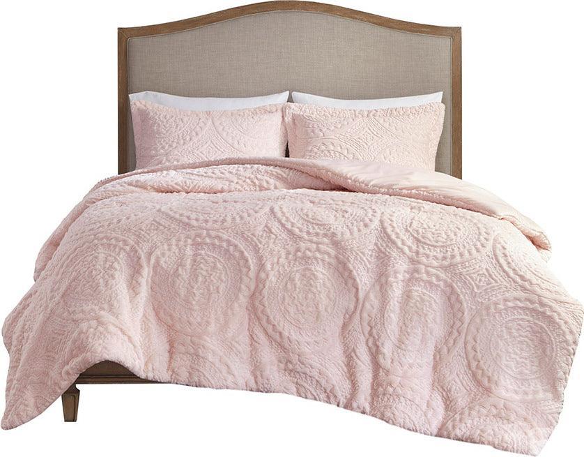 Arya Embroidered Medallion 26 " W Faux Fur Ultra Plush Comforter Mini Set Blush Full/Queen Olliix.com