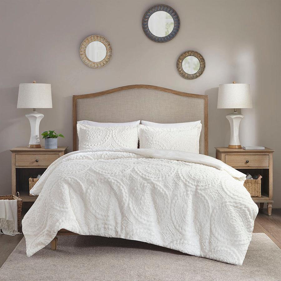 Arya Embroidered Medallion Faux Fur Ultra Plush Duvet Cover Set King Ivory Olliix.com