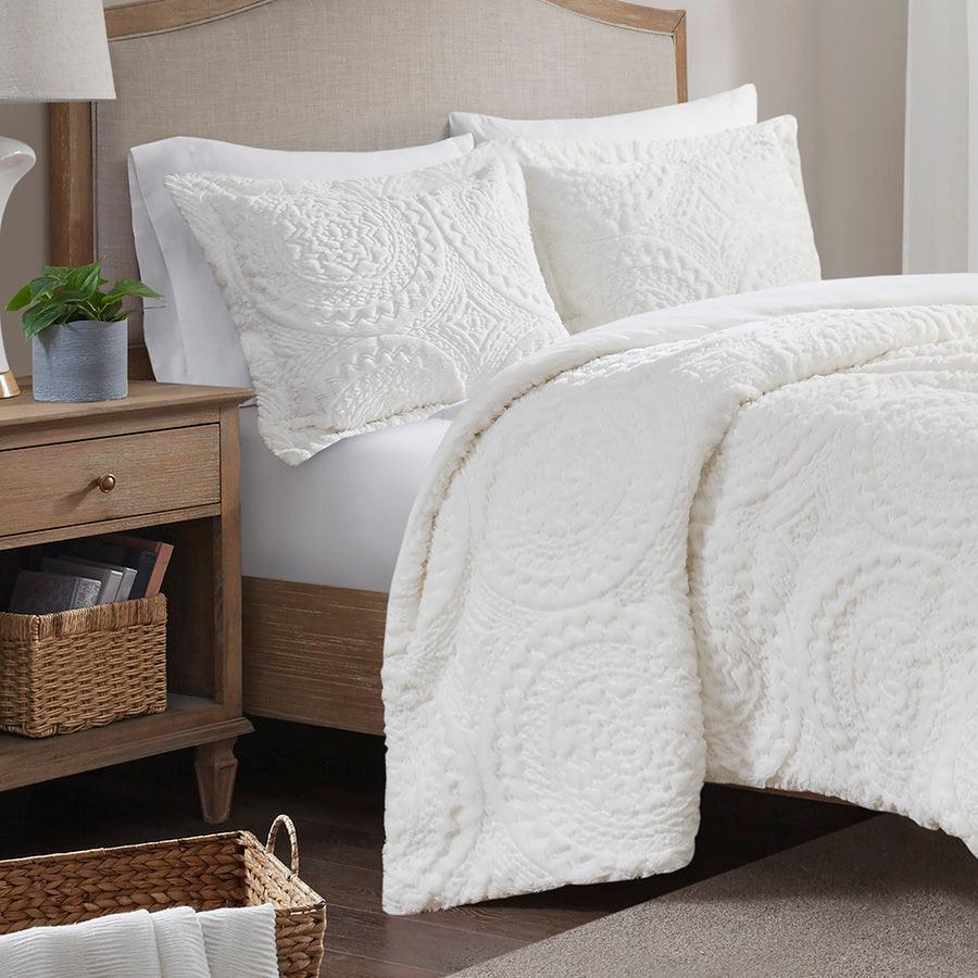 Arya Embroidered Medallion Faux Fur Ultra Plush Duvet Cover Set King Ivory Olliix.com