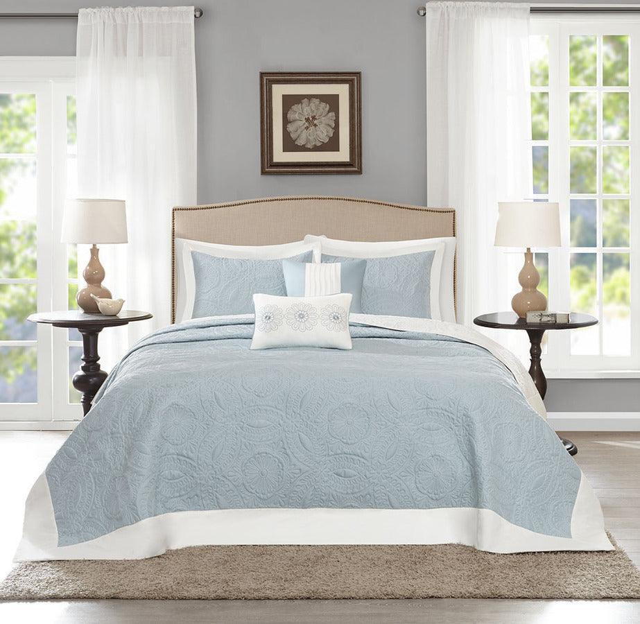 Ashbury King 5 Piece Reversible Bedspread Set Blue Olliix.com