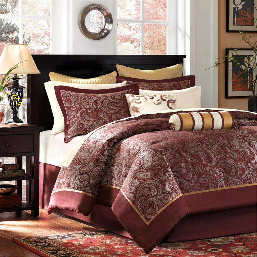 Aubrey California King 12 Piece Complete Bed Set Red Olliix.com