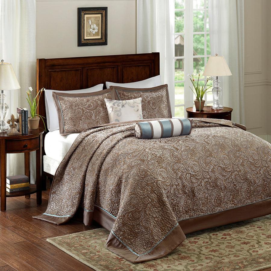 Aubrey King 5 Piece Reversible Jacquard Bedspread Set Blue Olliix.com