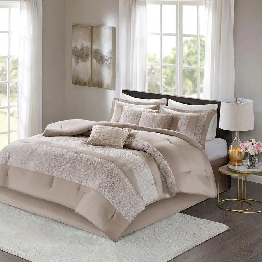 Ava Cottage 7 Piece Chenille Jacquard Comforter Set Taupe Cal King Olliix.com