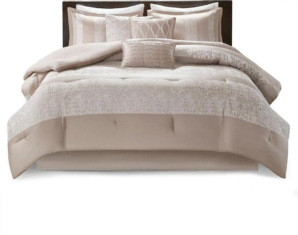 Ava Cottage 7 Piece Chenille Jacquard Comforter Set Taupe Cal King Olliix.com