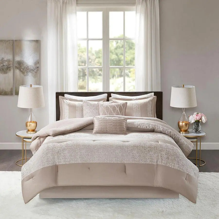 Ava Cottage 7 Piece Chenille Jacquard Comforter Set Taupe Cal King Olliix.com