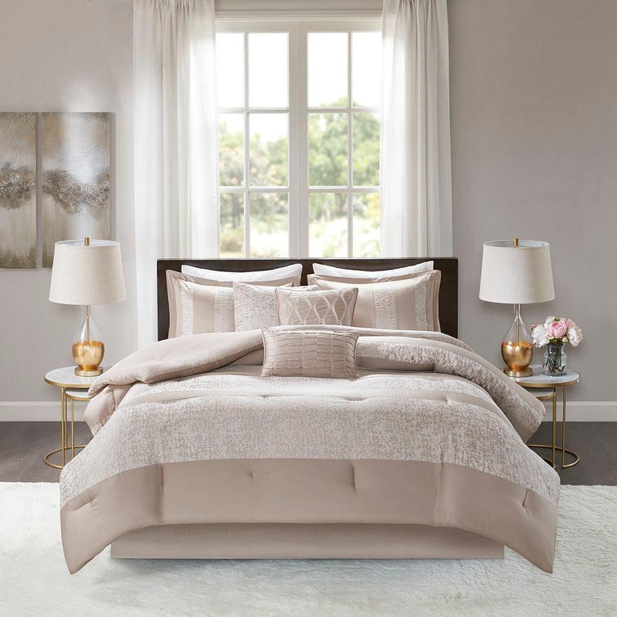 Ava Glam 7 Piece Chenille Jacquard Comforter Set Taupe King Olliix.com