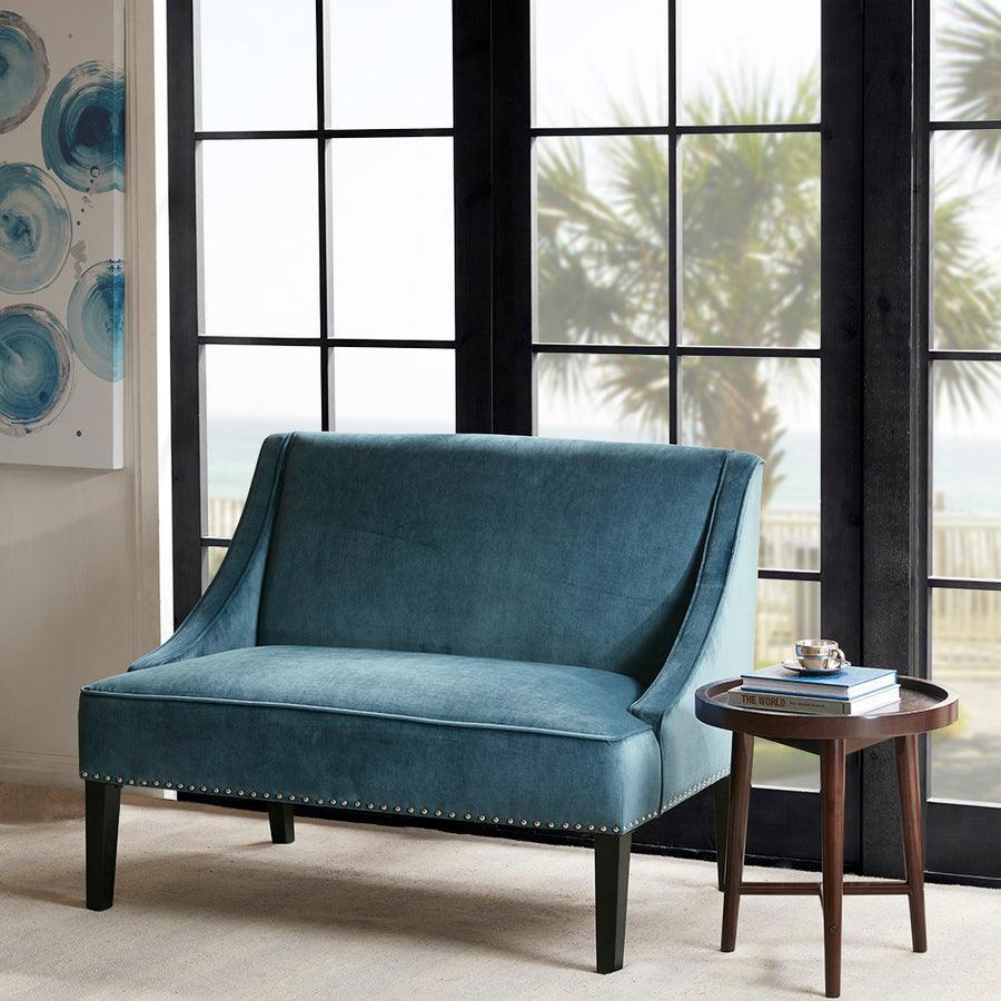 Avalon Transitional Swoop Arm Settee 44.25"W x 30.75"D x 34.25"H Blue & Brown Olliix.com