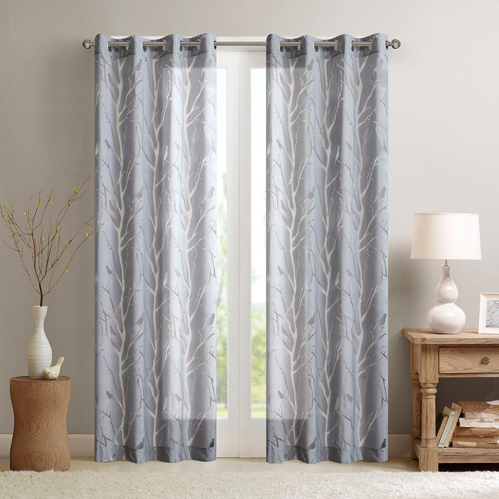 Averil 63" Grommet Top Sheer Bird on Branches Burnout Window Curtain Gray Olliix.com