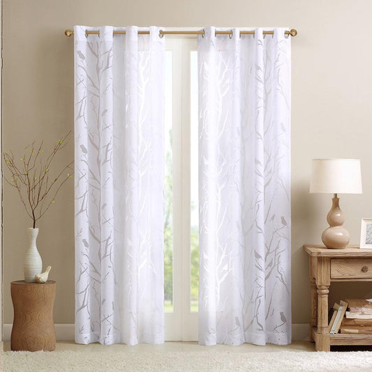 Averil 63" Grommet Top Sheer Bird on Branches Burnout Window Curtain White Olliix.com