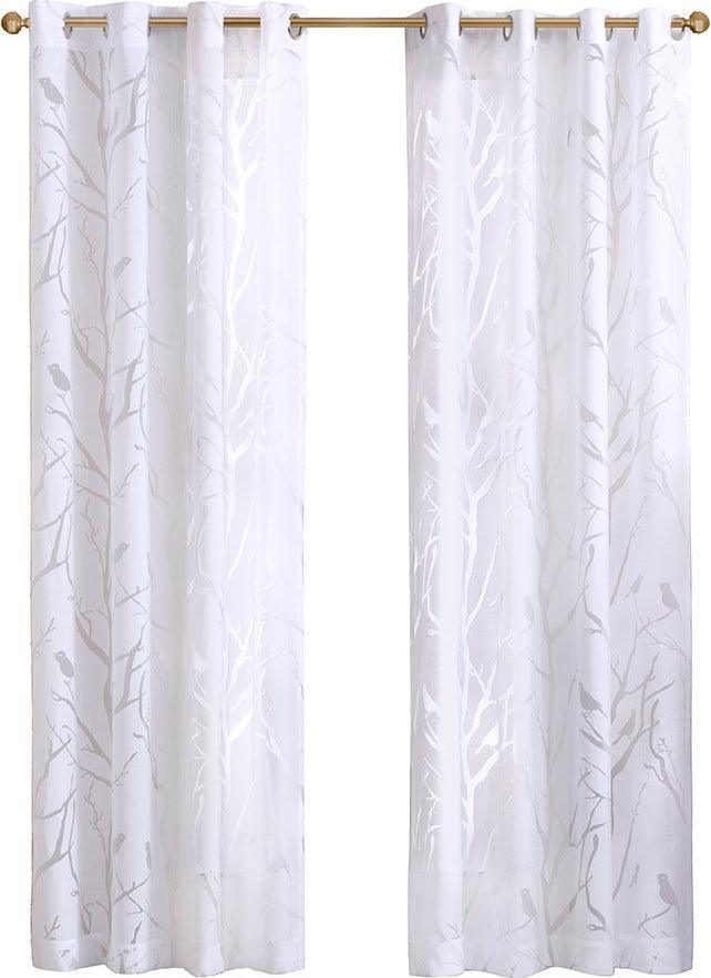 Averil 63" Grommet Top Sheer Bird on Branches Burnout Window Curtain White Olliix.com