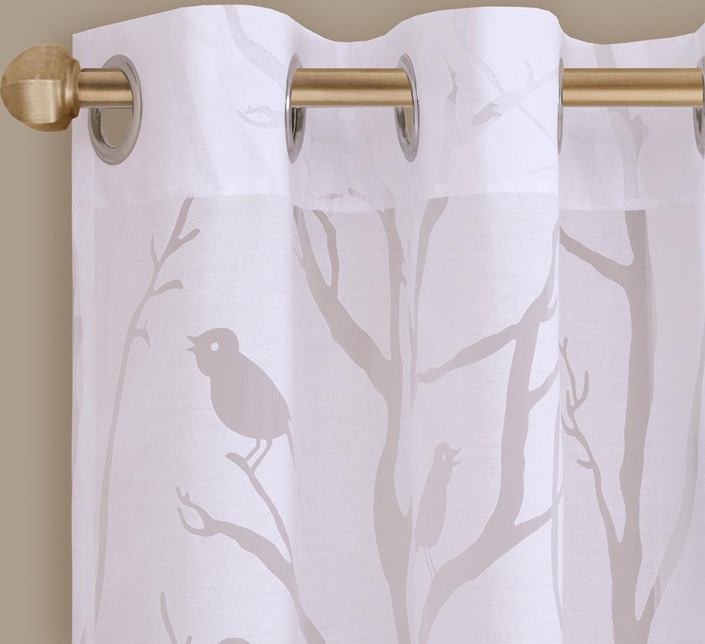 Averil 63" Grommet Top Sheer Bird on Branches Burnout Window Curtain White Olliix.com