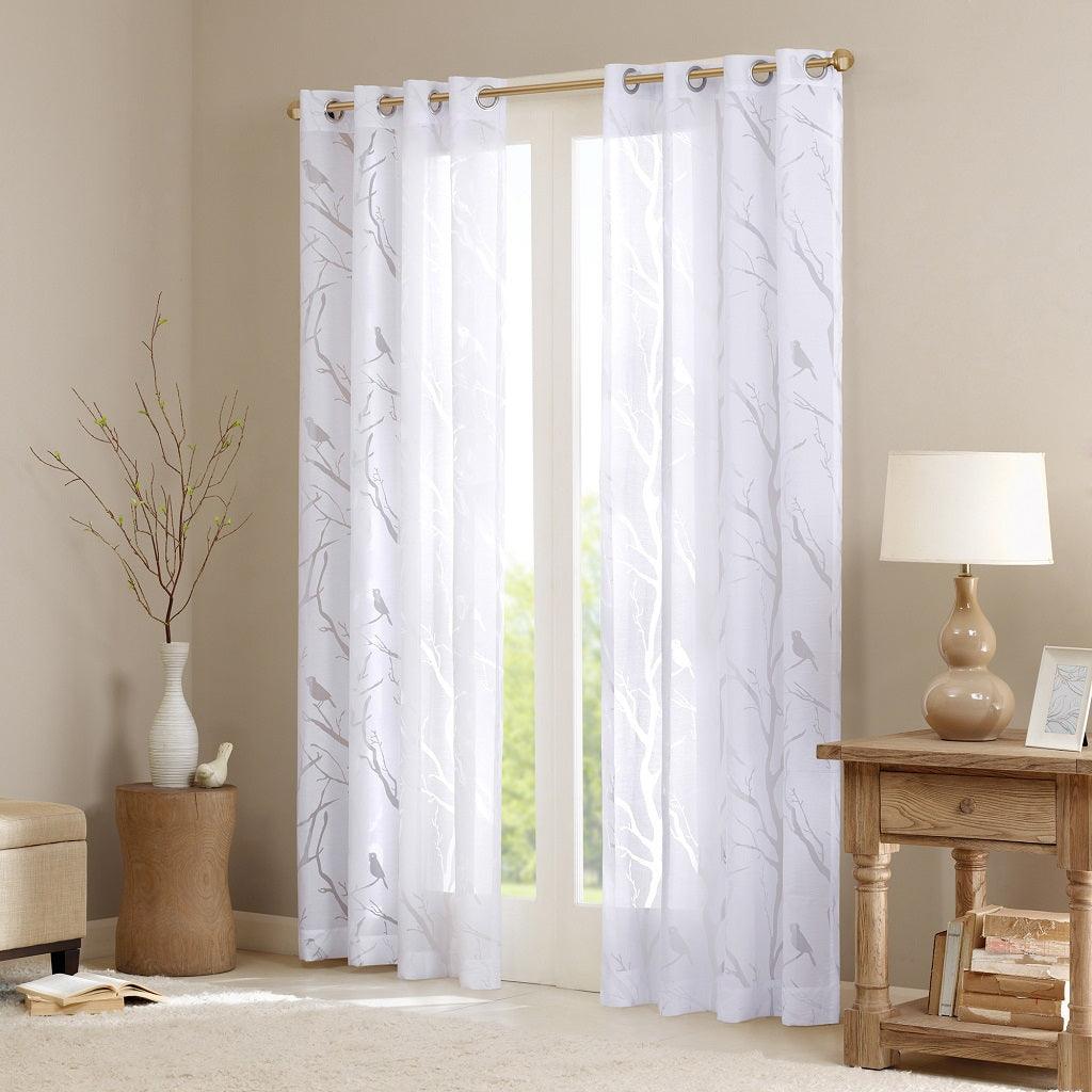 Averil 63" Grommet Top Sheer Bird on Branches Burnout Window Curtain White Olliix.com