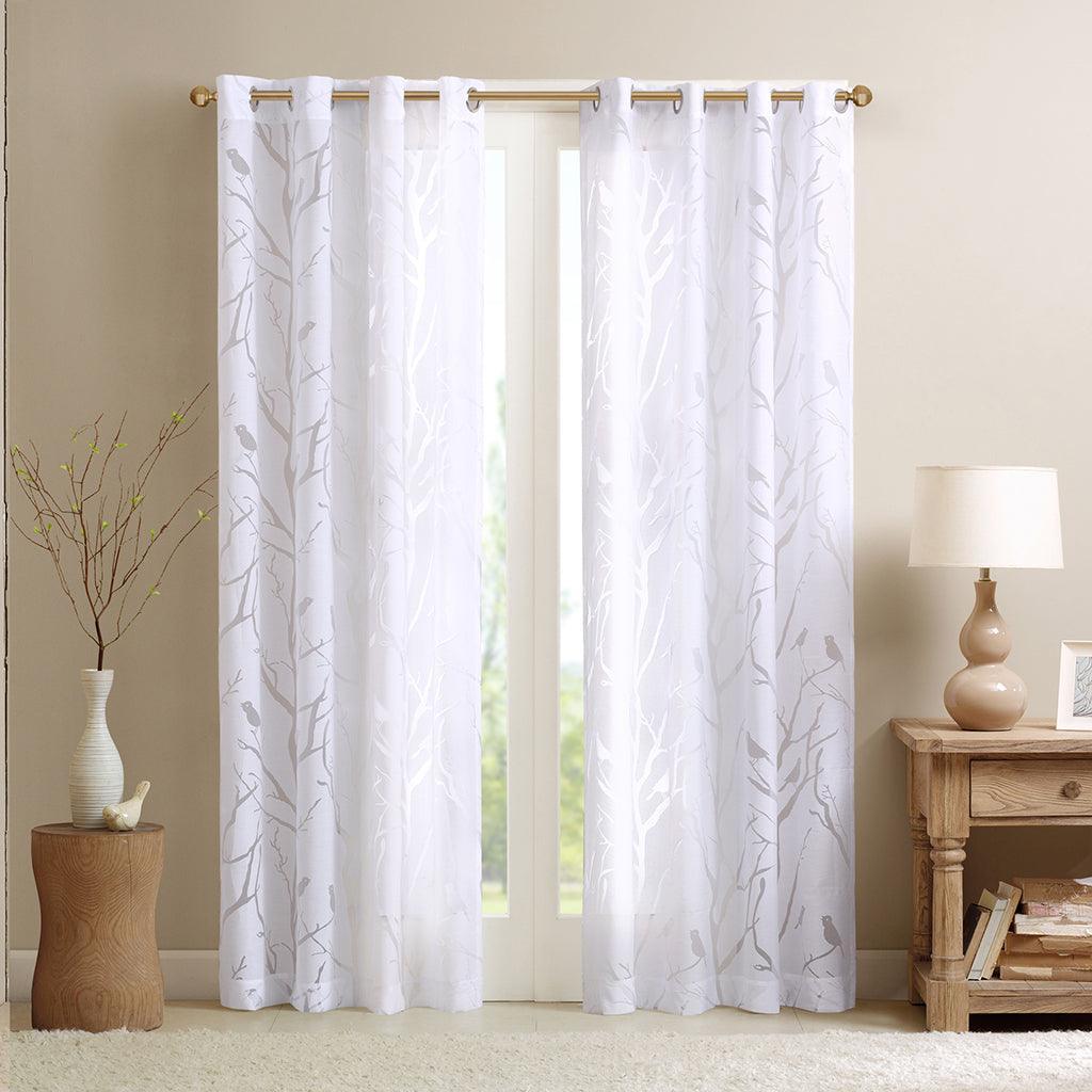 Averil 84 H Grommet Top Sheer Bird on Branches Burnout Window Curtain White Olliix.com