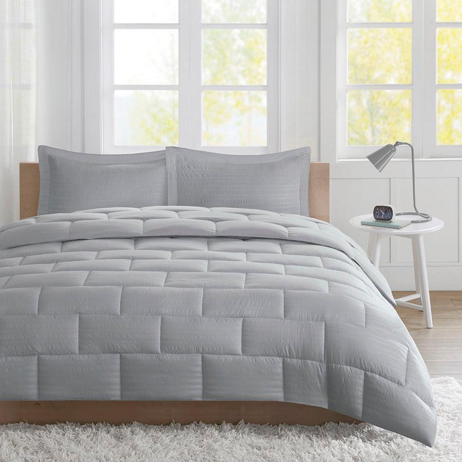 Avery Seersucker Down Alternative Comforter Mini Set Gray Full/Queen Olliix.com