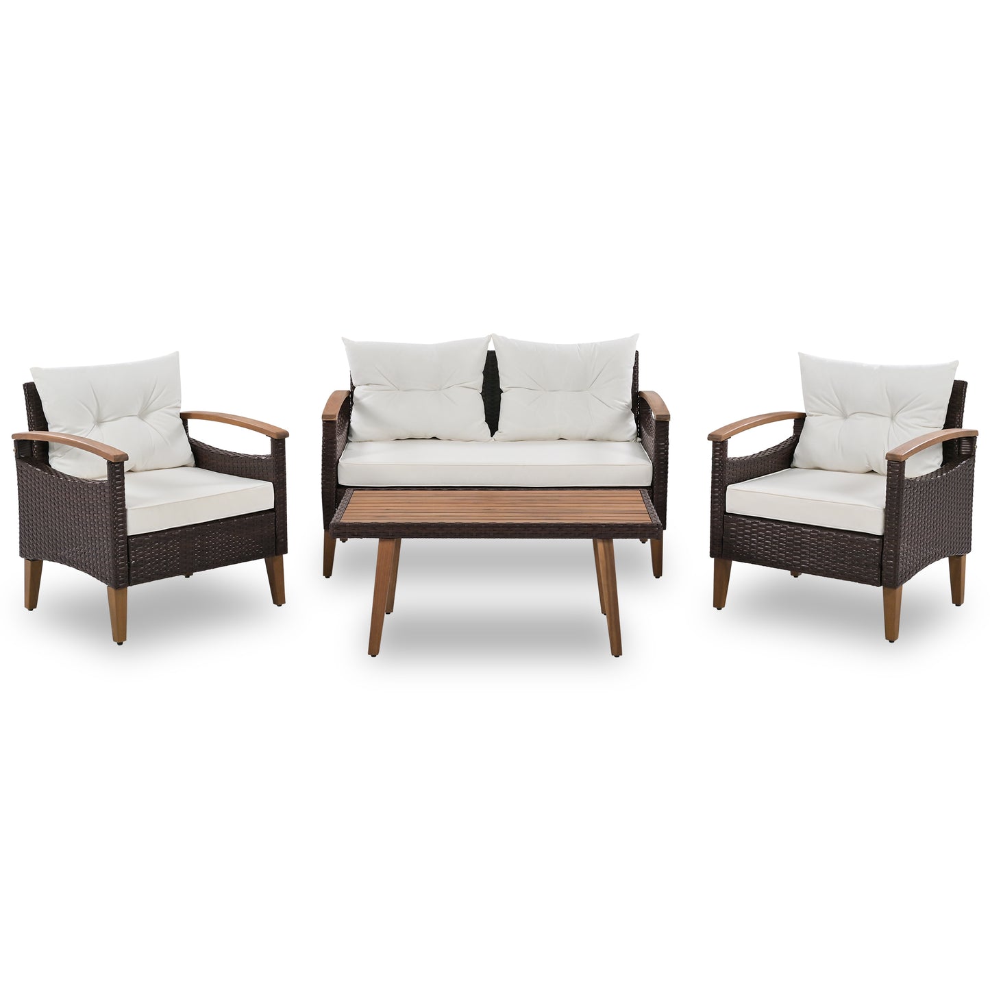 GO 4-Piece Garden Furniture,  Patio Seating Set, PE Rattan Outdoor Sofa Set, Wood Table and Legs, Brown and Beige House to Home Furnishings LLC