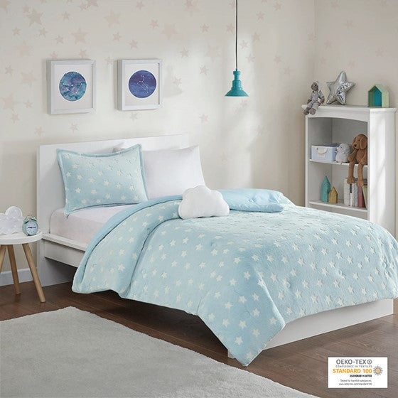 Glow In The Dark Plush Comforter Set Aqua Twin Olliix.com