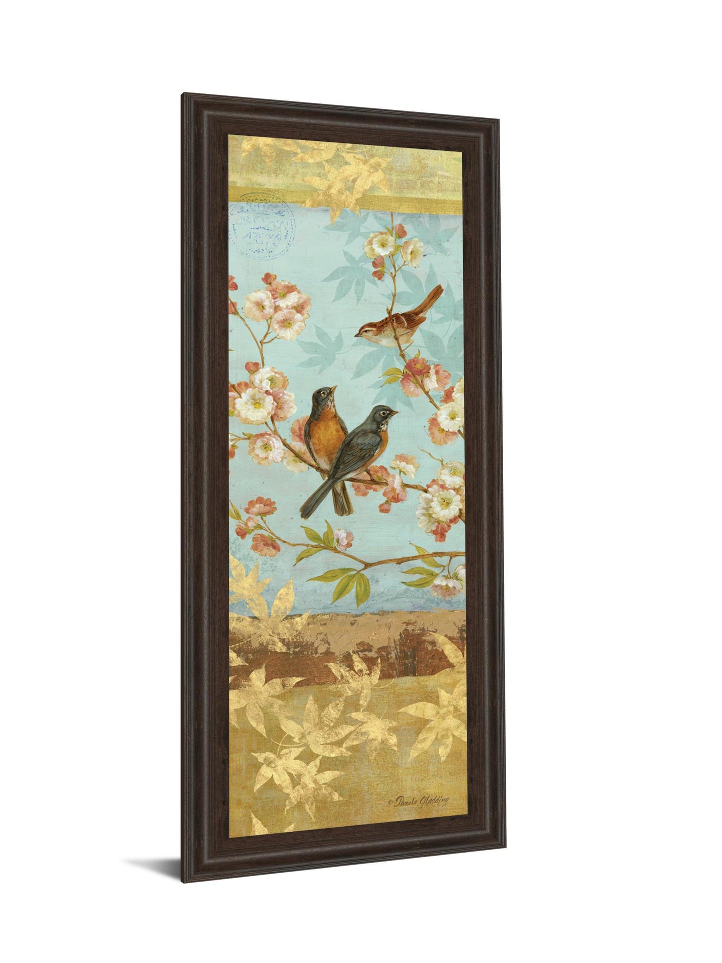 Robins & Blooms Panel By Pamela Gladding - Framed Print Wall Art - Blue Classy Art