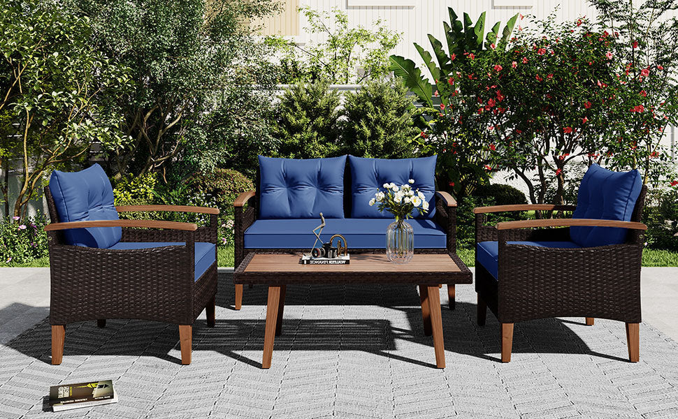 GO 4-Piece Garden Furniture,  Patio Seating Set, PE Rattan Outdoor Sofa Set, Wood Table and Legs, Brown and Blue House to Home Furnishings LLC