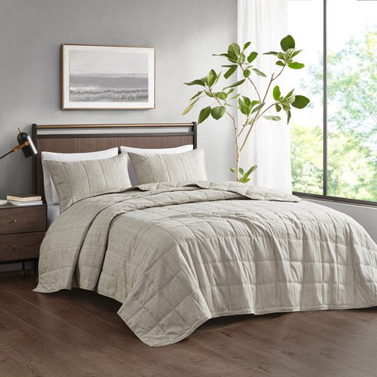 3 Piece Striated Cationic Dyed Oversized Quilt Set Natural Full/Queen Olliix.com