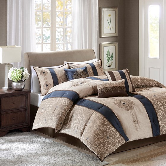 7 Piece Jacquard Comforter Set with Throw Pillows Navy Cal King Olliix.com