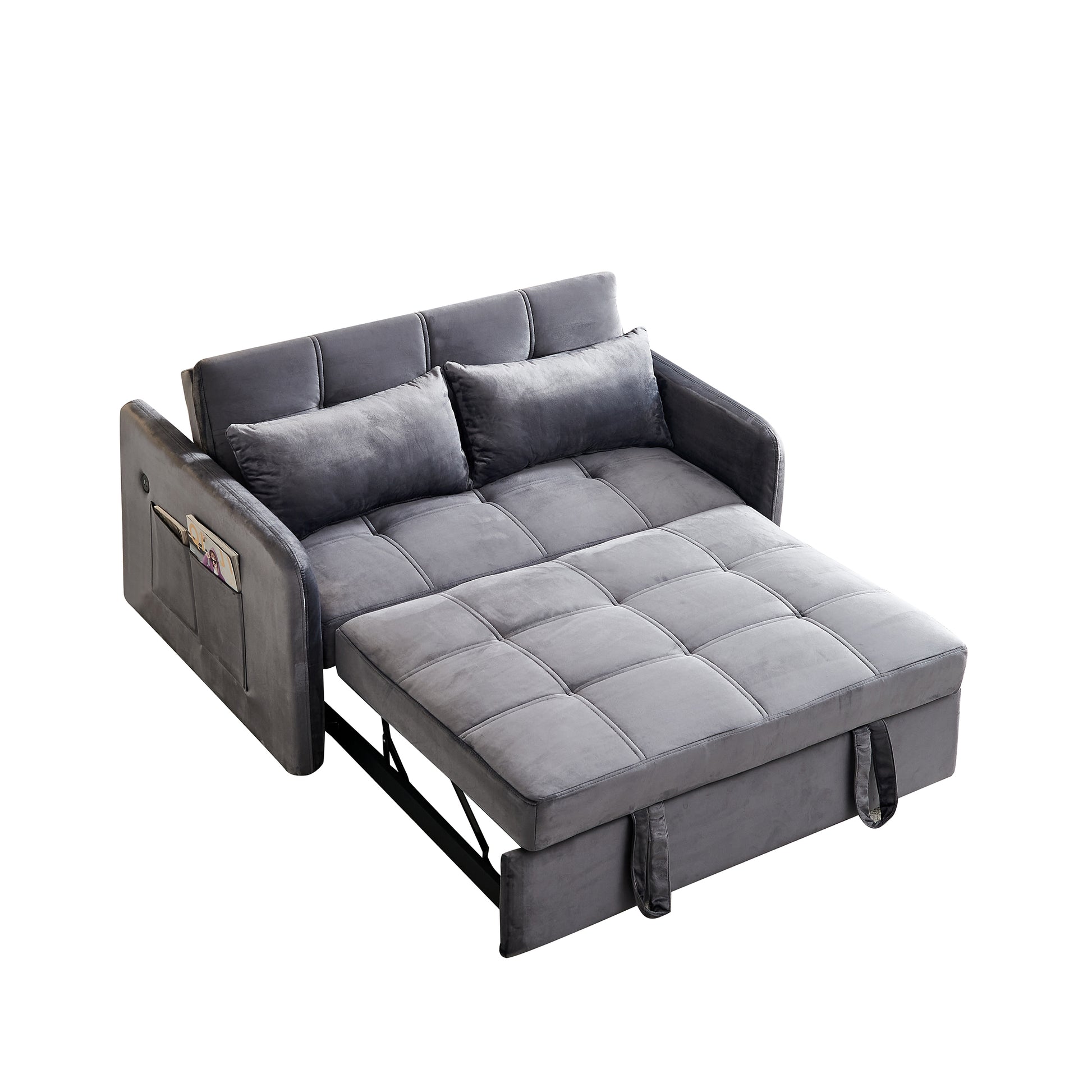 55.5" Twins Pull Out Sofa Bed  Grey Velvet House to Home Furnishings LLC