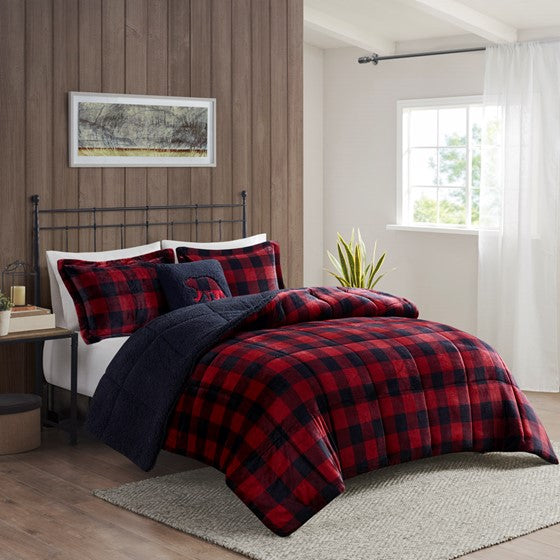 Plush to Sherpa Down Alternative Comforter Set Red/Black Buffalo Check Twin Olliix.com