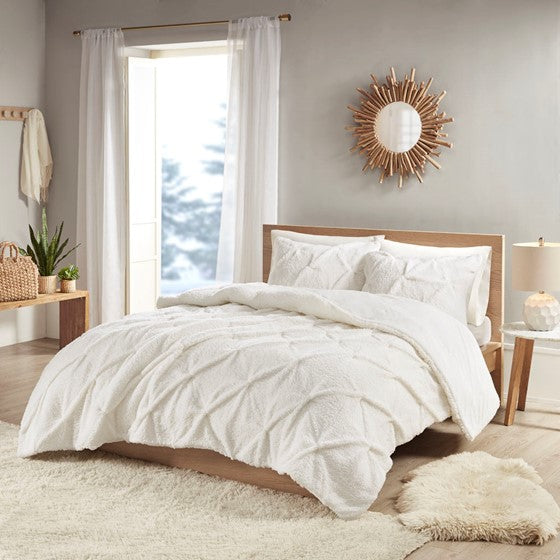 Pintuck Sherpa Down Alternative Comforter Set Ivory King Olliix.com