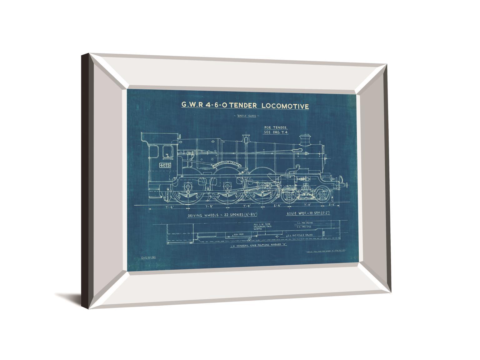 Locomotive Blueprint I By Wild Apple Portfolio - Mirror Framed Print Wall Art - Blue Classy Art