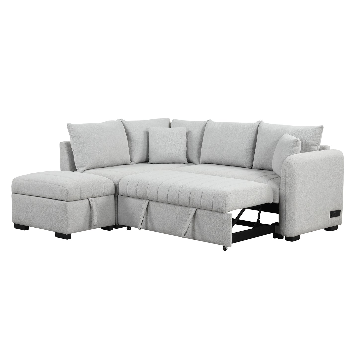 82.6" L-shaped Sectional Pull Out Sofa Bed Sleeper Sofa with Two USB Ports, Two Power Sockets and a Movable Storage Ottoman, Gray ***(FREE SHIPPING)*** House to Home Furnishings LLC