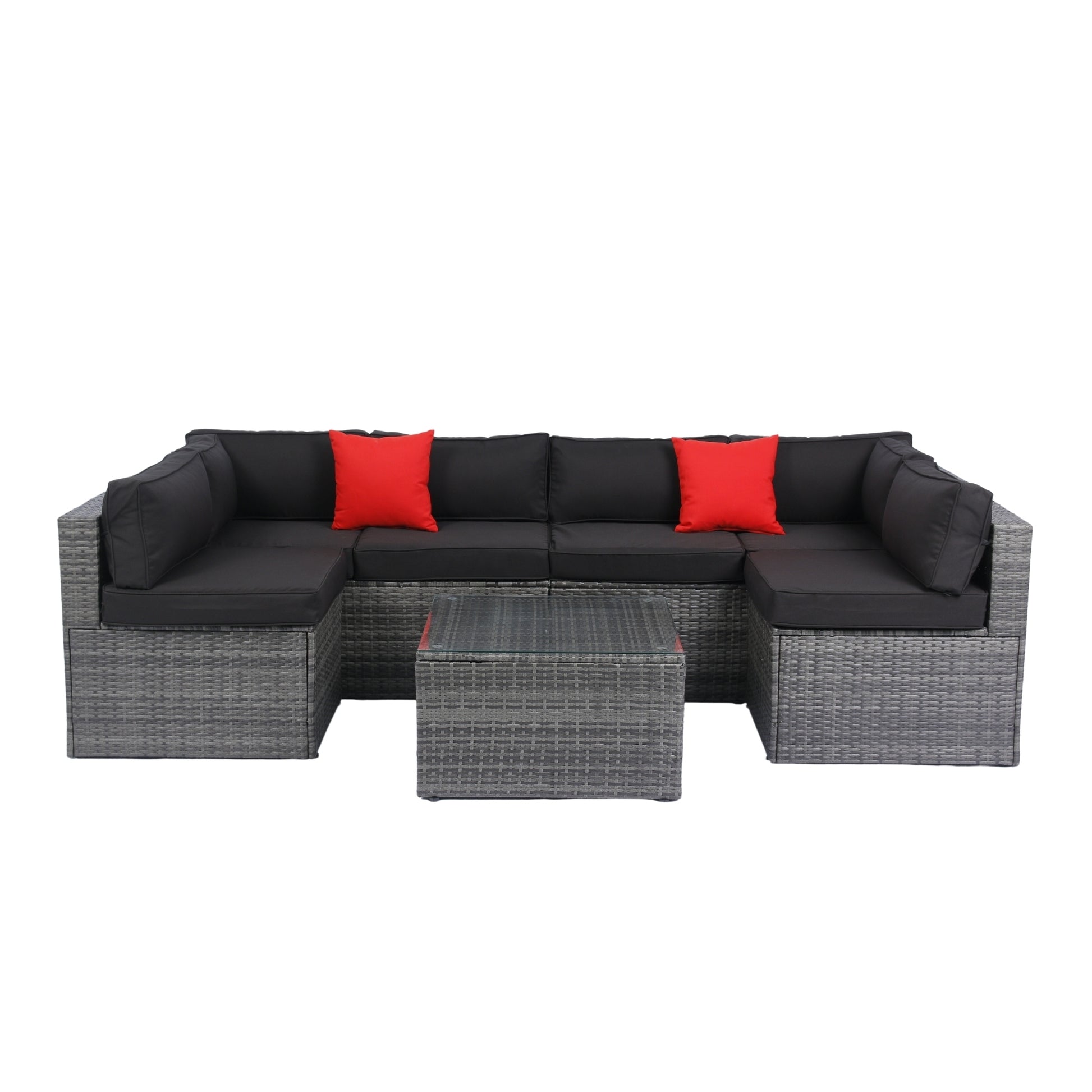 5 Pieces PE Rattan sectional Outdoor Furniture Cushioned U Sofa set with 2 Pillow Grey wicker + Black Cushion House to Home Furnishings LLC