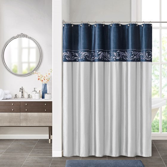 Embroidery Shower Curtain Navy/Silver Olliix.com