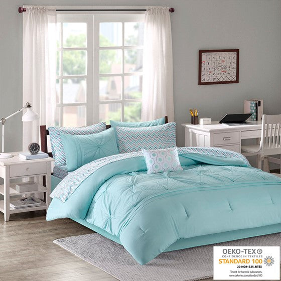 Embroidered Comforter Set with Bed Sheets Aqua Twin XL Olliix.com