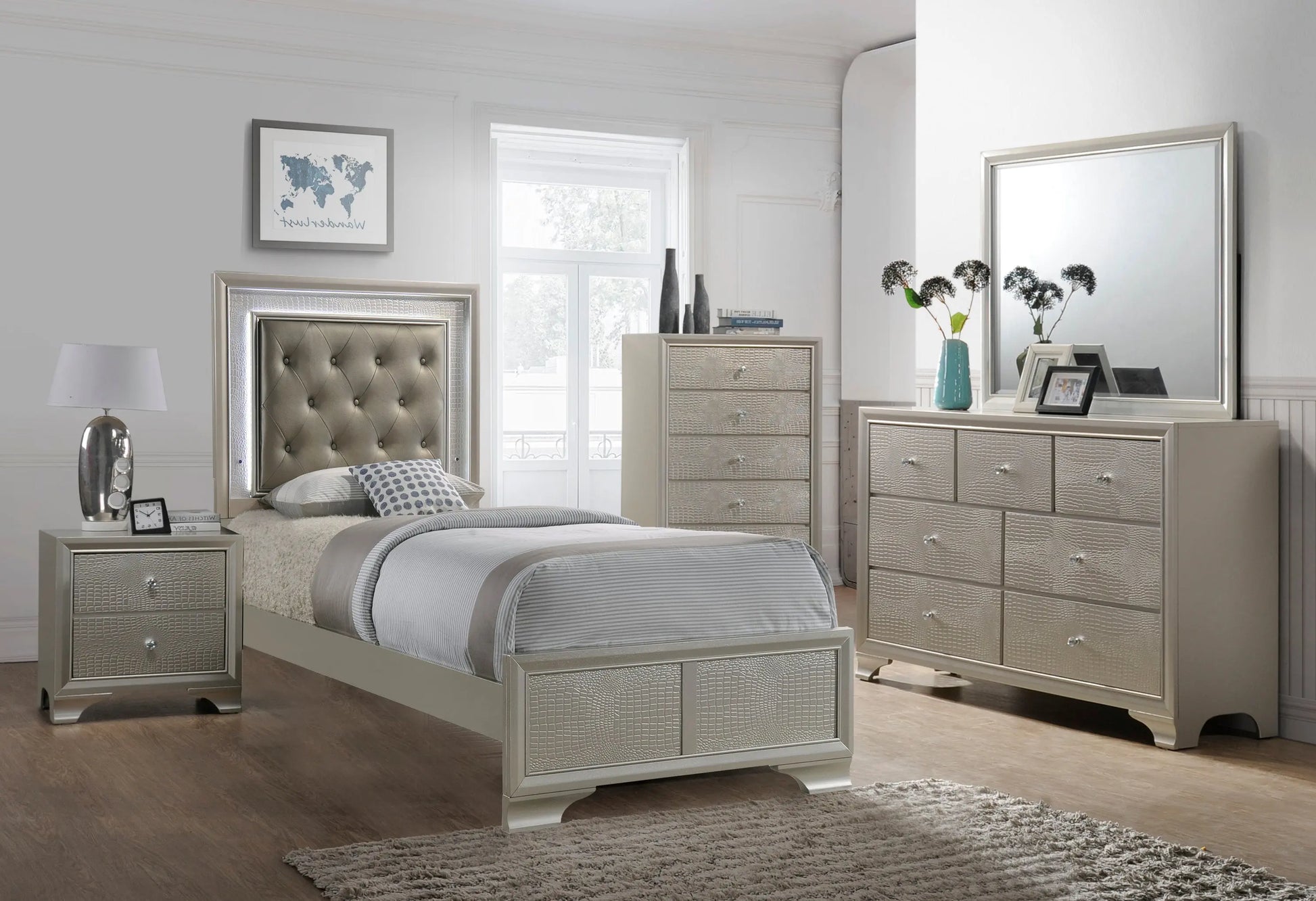 Lyssa Champagne Twin LED Upholstered Panel Bed Crown Mark