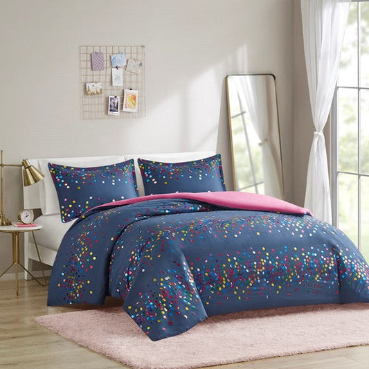 Rainbow Iridescent Metallic Dot Duvet Cover Set Navy Twin XL Olliix.com