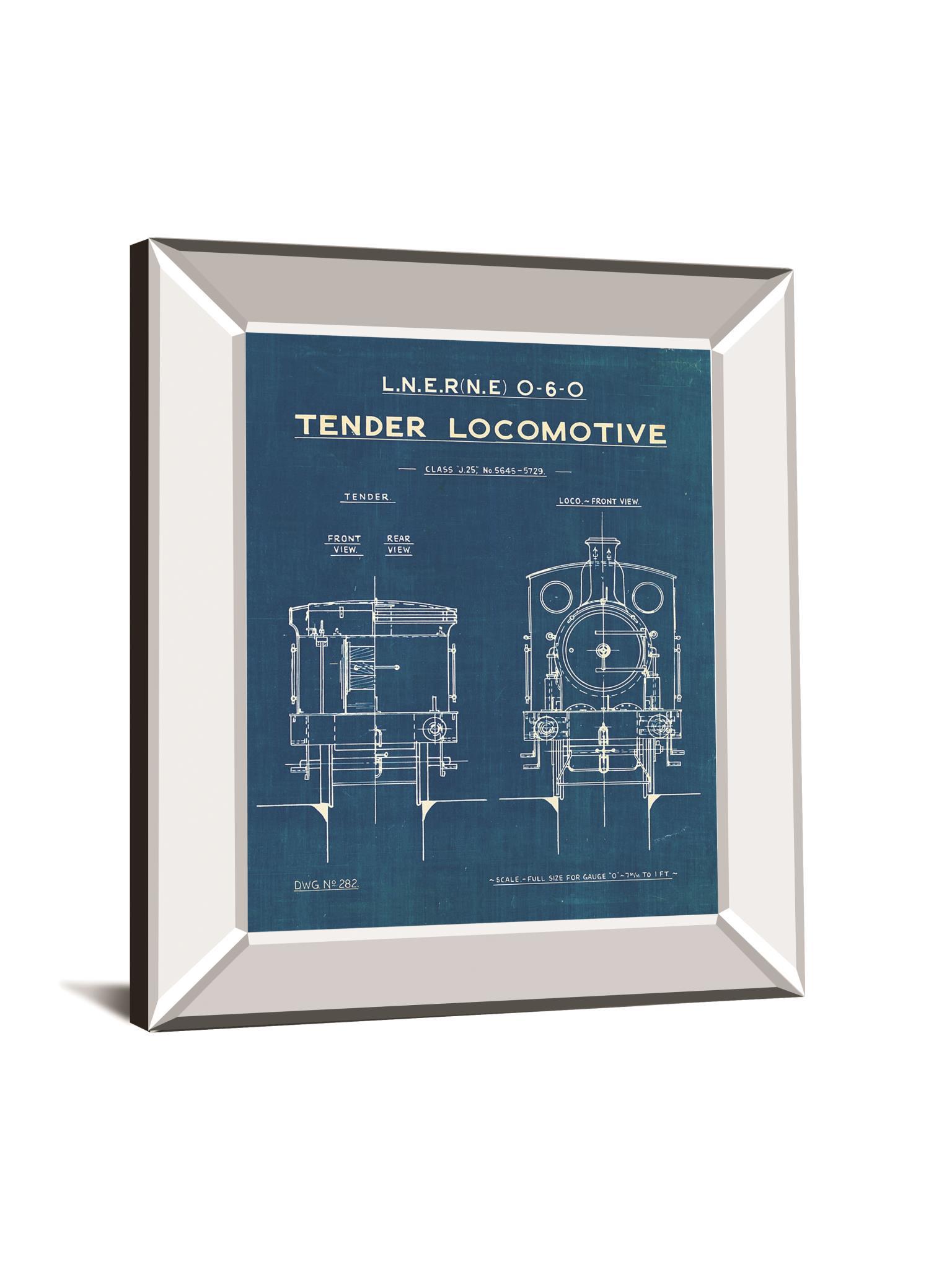 Locomotive Blueprint III By Wild Apple Portfolio - Mirror Framed Print Wall Art - Blue Classy Art