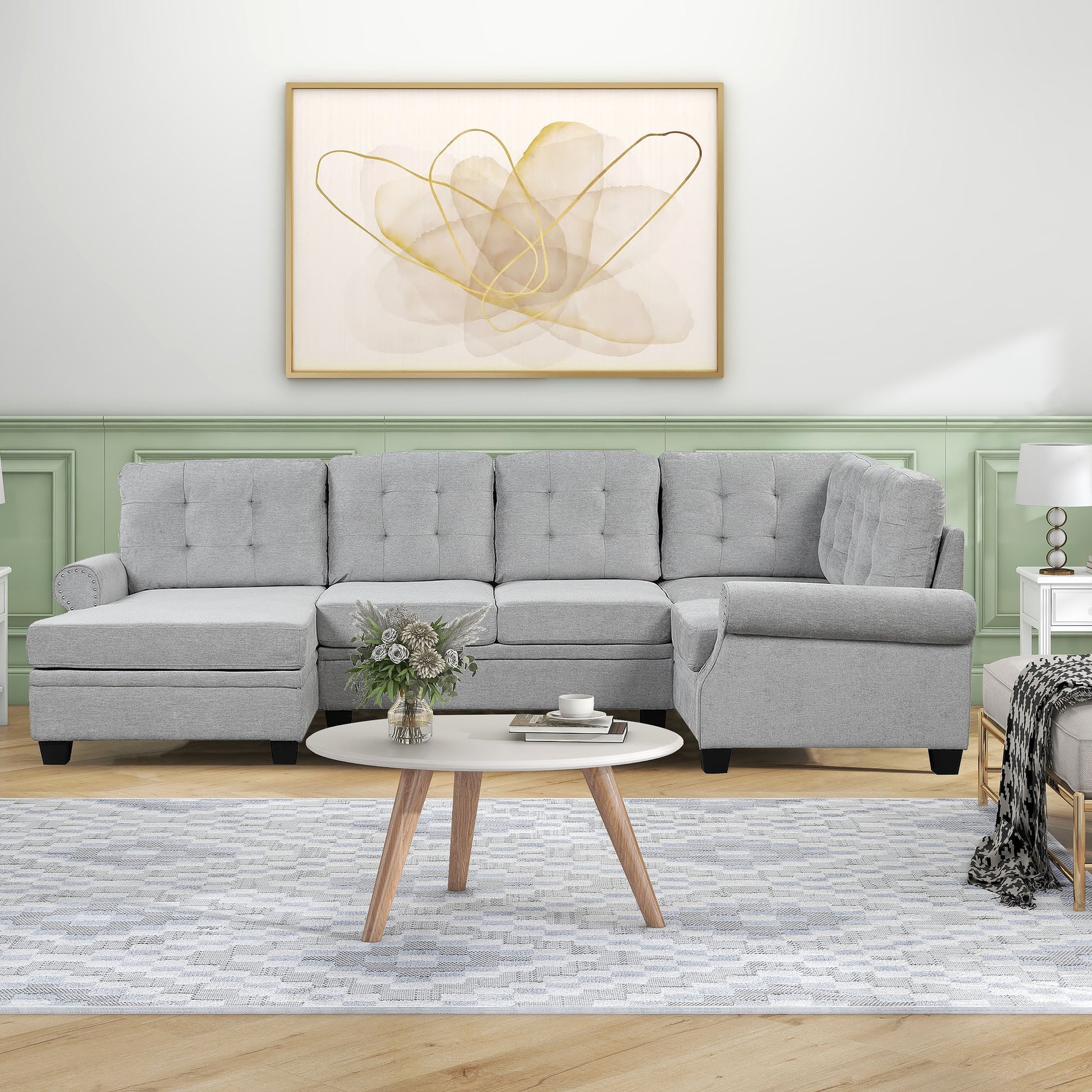 120" Modern U-Shaped Corner Sectional Sofa Upholstered Linen Fabric Sofa Couch for Living Room, Bedroom, Gray House to Home Furnishings LLC