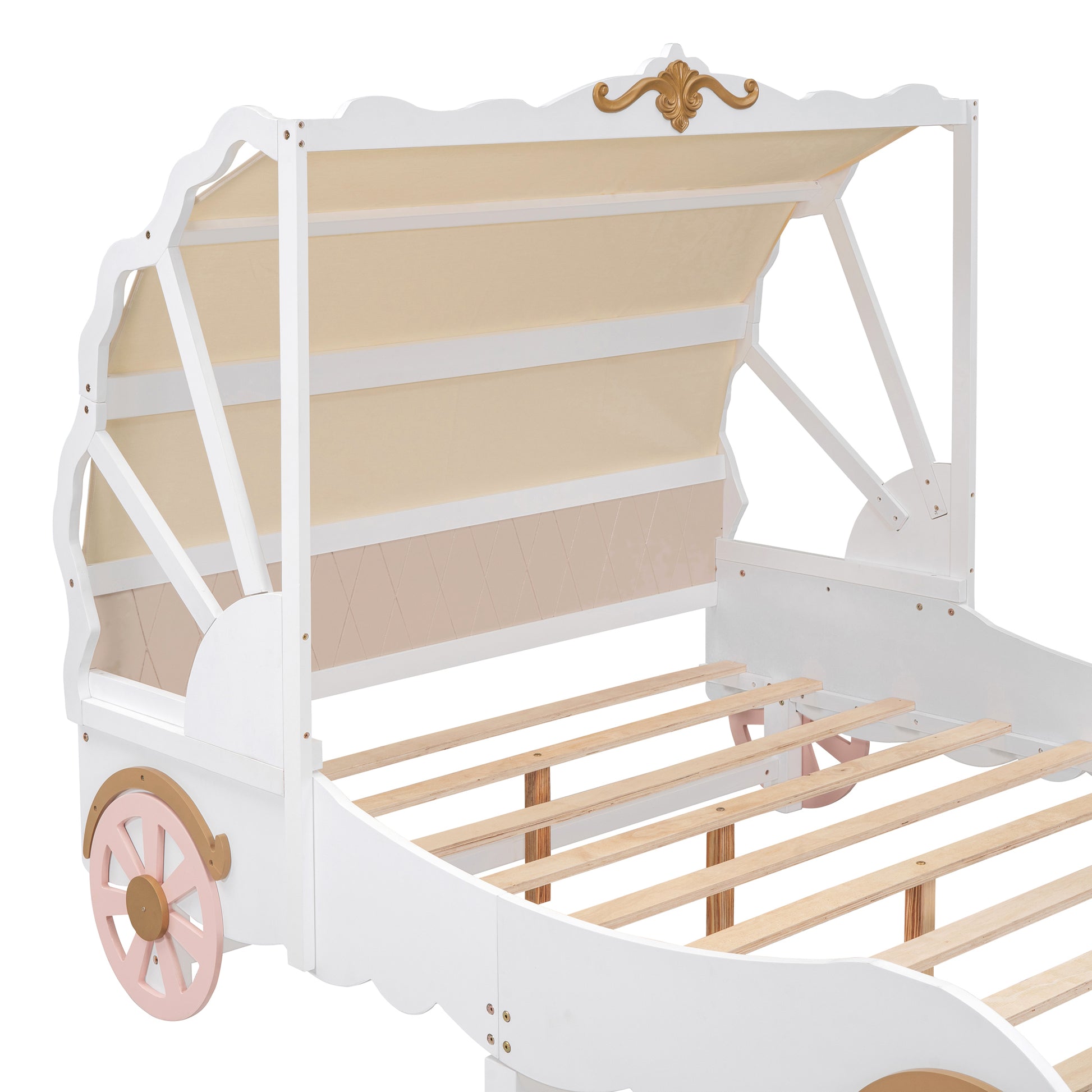 Full Size Princess Carriage Bed with Canopy, Wood Platform Car Bed with 3D Carving Pattern, White+Pink+Gold House to Home Furnishings LLC