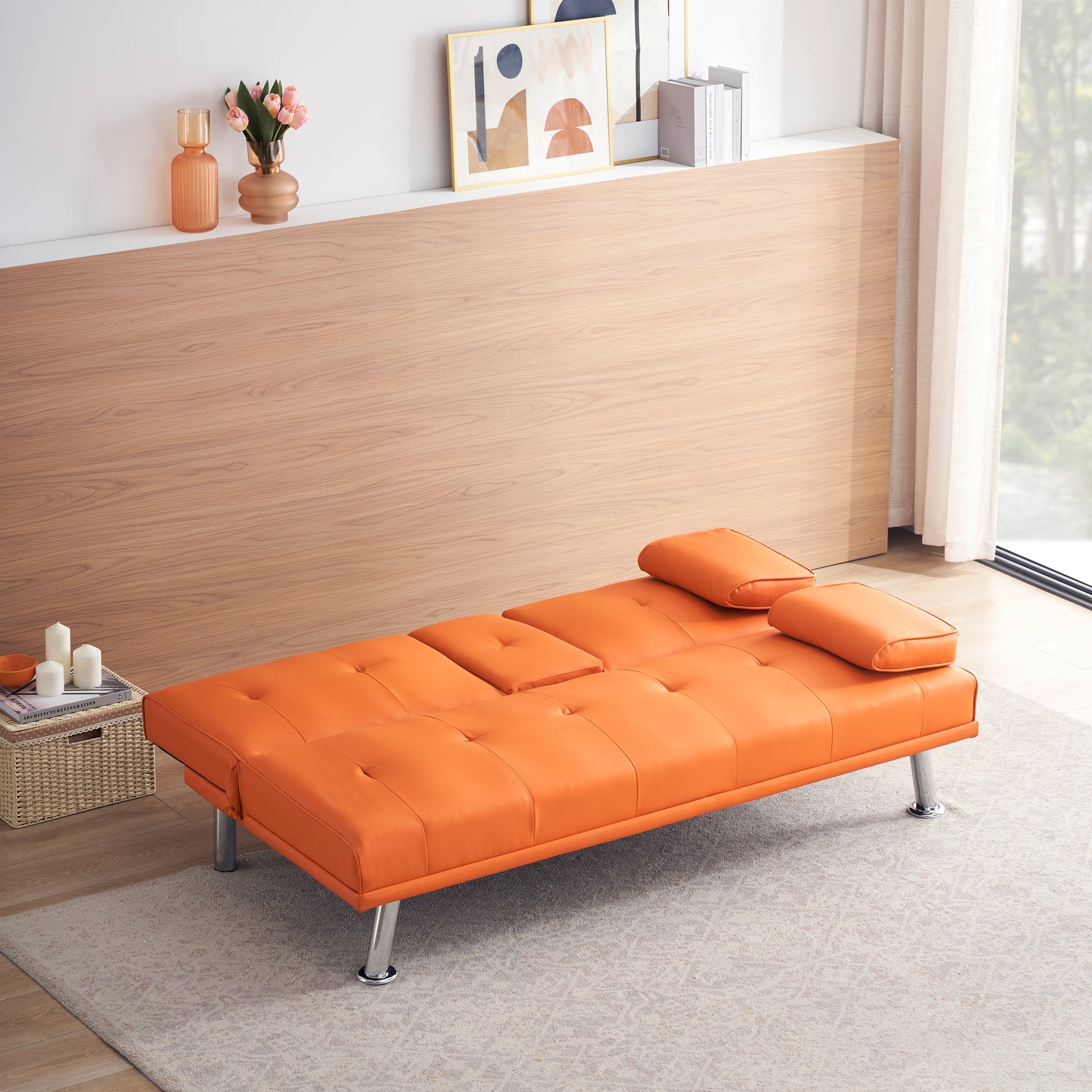 67" Orange Leather Multifunctional Double Folding Sofa Bed for Office with Coffee Table House to Home Furnishings LLC